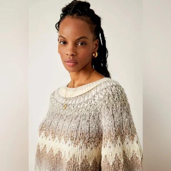 Free People Home For The Holidays Fair Isle Sweater Cream Gray XS - Picture 15 of 15